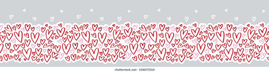 Heart seamless border for Valentines day gift packaging bag, wrapping paper, print on fabric. Wide repeat design with hand drawn red and pink hearts on a white background 