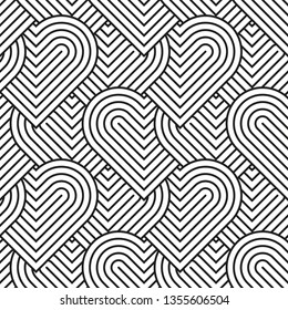 Heart seamless geometric pattern, endless texture. Monochromes striped hearts on white background.Vector illustration for Valentine's Day,wedding,holiday,love.