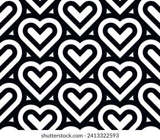 Heart seamless geometric pattern, endless texture. Monochromes striped hearts on white background. Vector illustration for Valentine's Day,wedding,holiday,love.