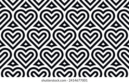 Heart seamless geometric pattern, endless texture. Monochromes striped hearts on white background. Vector illustration for Valentine's Day,wedding,holiday,love.