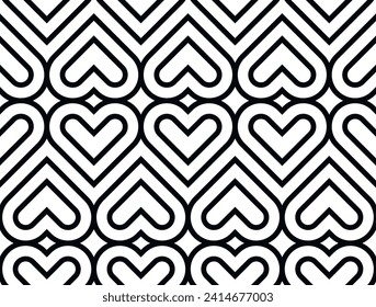 Heart seamless geometric pattern, endless texture. Monochromes striped hearts on white background. Vector illustration for Valentine's Day,wedding,holiday,love.