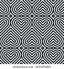 Heart seamless geometric pattern, endless texture. Monochromes striped hearts on white background. Vector illustration for Valentine's Day,wedding,holiday,love.