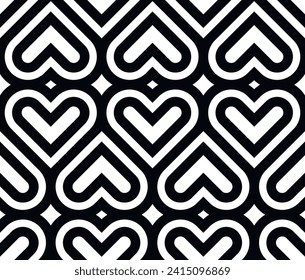 Heart seamless geometric pattern, endless texture. Monochromes striped hearts on white background. Vector illustration for Valentine's Day,wedding,holiday,love.
