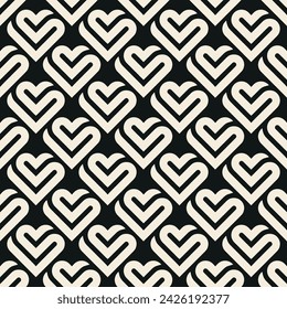 Patrón geométrico sin fisuras del corazón, textura sin fin. Corazones de rayas monocromas sobre fondo blanco. Ilustración vectorial para el día de San Valentín, boda, vacaciones, amor.