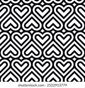 Patrón geométrico sin fisuras del corazón, textura sin fin. Corazones de rayas monocromáticas sobre fondo blanco. Ilustración vectorial para el día de San Valentín, boda, vacaciones, amor.