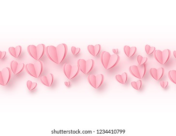 Heart seamless line border background with light pink paper hearts. Love pattern for graphic design, cards, banner, flyer greetings. Vector illustration.
