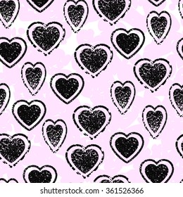 Heart seamless pattern. Abstract pink background. Black grunge hearts. Asymmetry. Glamorous and stylish background. Design for greeting cards for Valentine's day, with love, save the date.