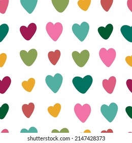 Heart seamless pattern. Heart background. Color cartoon pattern. Wrapping paper, textiles, fabric. Vector illustration on white background.