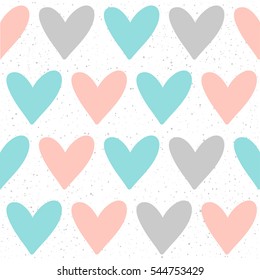 Heart seamless pattern background. Doodle handmade blue, pink and grey heart for design t-shirt, wedding card, bridal  invitation, valentine's day poster, brochures, notebook, album, scrapbook etc. 