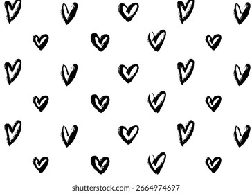 Heart seamless pattern with black ink brush strokes. Hand-drawn romantic figures in monochrome style. Freehand heart shapes for decorative textile, wallpaper, or wrapping. 