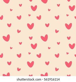 Heart seamless pattern. Cute red hearts on a light red background. Babies fashion. Vector illustration, eps10.