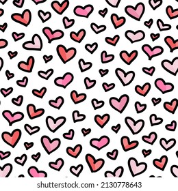 Heart seamless pattern design. Square hand drawn doodle red pink hearts on transparent white background. Cute lovely hearts background, Valentine day decorative seamless pattern texture.