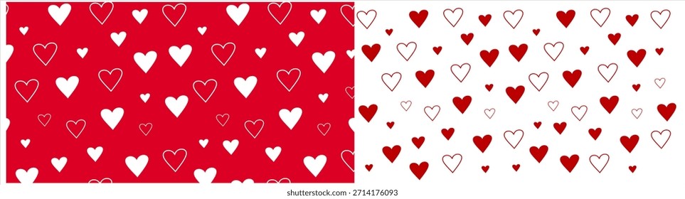 Heart seamless pattern doodle background for love or Valentines Day. Red and white hand drawn romantic texture for wallpaper and wrapping paper. Vector design for card, banner modern template happy 