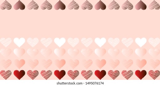 Heart seamless pattern drawn by scribbles of red pink shades with gradient fill arranged in five rows on a pink background. free space for inscription