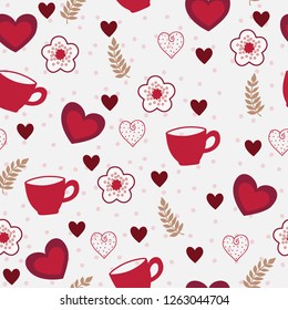 Heart  seamless pattern, flowers, cute pattern,  hand drawn, valentines day, love, vector.