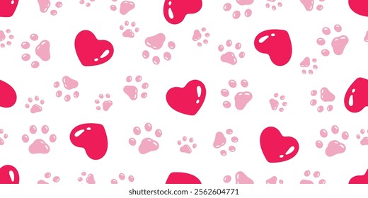 heart seamless pattern footprint dog paw valentine glossy icon vector puppy kitten cartoon gift wrapping paper scarf isolated doodle repeat wallpaper tile background illustration design