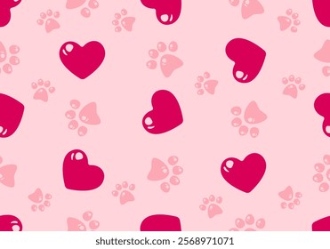 Heart seamless pattern footprint dog paw valentine glossy icon. Texture background vector puppy kitten cartoon gift wrapping paper