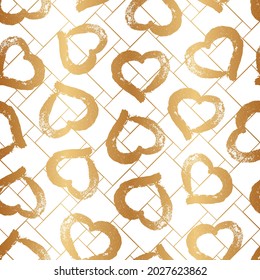 Heart seamless pattern. Gold hearts. Repeat golden background. Repeated romantic patern for design love, gift wrappers, wedding prints, wrapping paper, wallpaper, package. Repeating print. Vector