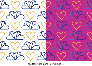 Heart seamless pattern. Hand drawn doodle ink brush stroke, outline shapes, blue tones, yellow color palette. Cute cartoon backdrop for Love Holiday, Valentine's Day. White or Lilac background. Vector
