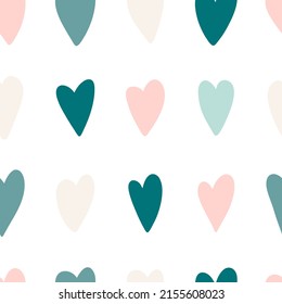 Heart seamless pattern. Hand drawn nursery heart background. Pastel color cartoon pattern. Wrapping paper, textiles, fabric. Vector illustration on white background.