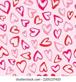 Heart Seamless Pattern. Hand Drawn Brushstroke Hearts Texture Vector.  Heart Print For Print, Textile, Wallpaper