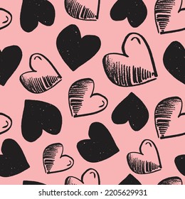 Heart Seamless Pattern. Hand Drawn Brushstroke Hearts Texture Vector.  Heart Print For Print, Textile, Wallpaper