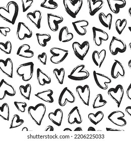 Heart Seamless Pattern. Hand Drawn Brushstroke Hearts Texture Vector.  Heart Print For Print, Textile, Wallpaper