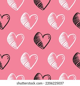 Heart Seamless Pattern. Hand Drawn Brushstroke Hearts Texture Vector.  Heart Print For Print, Textile, Wallpaper