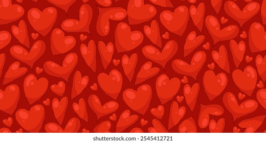 Patrón sin fisuras del corazón en estilo plano dibujado a mano. Fondo precioso con corazones rojos. Romántico diseño monocromático caótico con iconos de amor simples. 