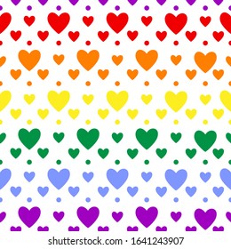 Heart seamless pattern. Lgbt flag color symbol on white. Love, valentines day, wedding, romantic sign. Hearts repeat ornament, background for wrap, fabric print, wallpaper decor. Vector illustration