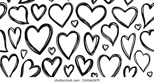 Heart seamless pattern. Love cute valentines day background. Hand drawn, doodle heart repeat ornament for paper wrap, fabric print, wallpaper decor. Love symbol wedding outline vector illustration