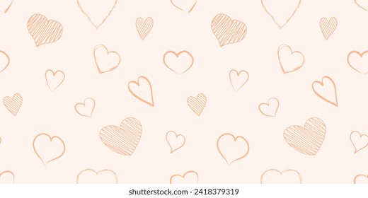 Heart seamless pattern, love peach fuzz colour hand drawn background for Valentines Day. Thin line sketch design. Cute holiday bg. Vector illustration