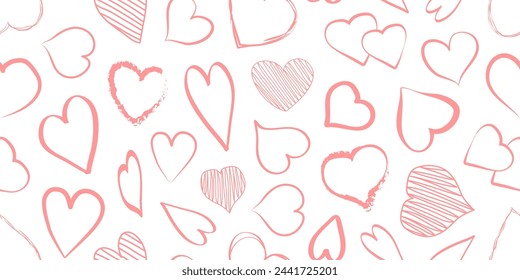 Heart seamless pattern, love sketch background for Valentines Day. Doodle brush print hand drawn design. Cute holiday vector illustration