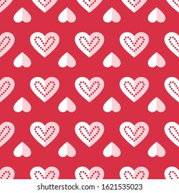 Heart seamless pattern. Love, valentines day, wedding, romantic symbol. Paper style hearts sign repeat ornament pink, red background for paper wrap, fabric print, wallpaper decor. Vector illustration
