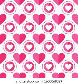 Heart seamless pattern. Love, valentines day, wedding, romantic symbol. Paper style hearts and circle ornament pink, red background for paper wrap, fabric print, wallpaper decor. Vector illustration