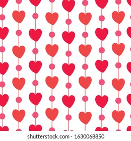 Heart seamless pattern. Love, valentines day, wedding, romantic symbol. Pink, red hearts garland sign repeat ornament background for paper wrap, fabric print, wallpaper decor. Vector illustration