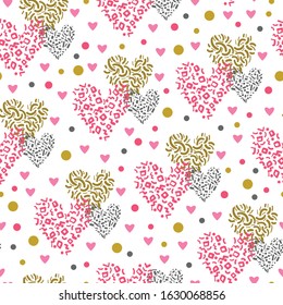 Heart seamless pattern. Love valentines day, wedding, romantic symbol. Pink, gold black ornate hearts, repeat ornament, background for paper wrap, fabric print, wallpaper decor. Vector illustration