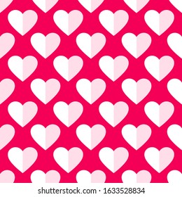 Heart seamless pattern. Love, valentines day, wedding, romantic symbol. Paper style hearts sign repeat ornament pink, red background for paper wrap, fabric print, wallpaper decor. Vector illustration