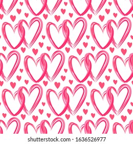 Heart seamless pattern. Love, valentines day, wedding, romantic symbol. Red, pink line double hearts, repeat ornament, background for paper wrap, fabric print, wallpaper decor. Vector illustration