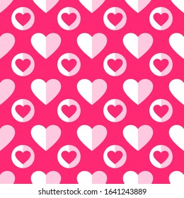 Heart seamless pattern. Love, valentines day, wedding, romantic symbol. Paper style hearts and circle ornament pink, red background for paper wrap, fabric print, wallpaper decor. Vector illustration