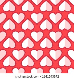 Heart seamless pattern. Love, valentines day, wedding, romantic symbol. Paper style hearts sign repeat ornament pink, red background for paper wrap, fabric print, wallpaper decor. Vector illustration