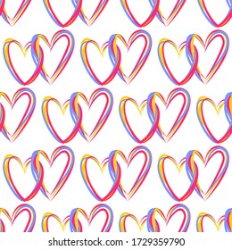 Patrón sin fisuras del corazón. Amor, Día de San Valentín, boda, símbolo romántico. Doble corazón de línea de color, adorno repetido, fondo para envoltura de papel, impresión de tela, decoración de papel pintado. Ilustración del vector