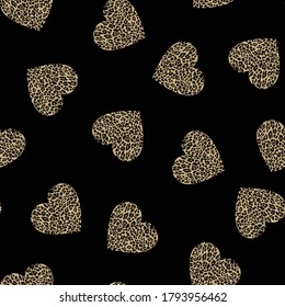 Heart seamless pattern on black background with leopard spots vector stylish design for print clothes