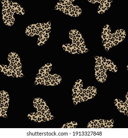 
Heart seamless pattern on black background with leopard spots vector stylish design.