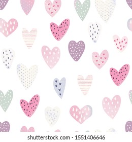 Heart seamless pattern pastel colors, vector love illustration on white background of random hearts.