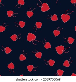 Heart seamless pattern. Red  drawing from hearts on the dark. For prints, textiles, bed linen. Modern, trendy geometric Valentine's Day pattern. Romantic, casual for the holiday. Vector illustration