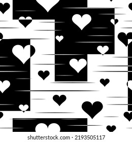 Heart seamless pattern. Repeated abstract hearts background. Black white monochrome design for prints. Repeating geometric patern. Repeat graphic texture. Tessellation lattice. Vector illustration