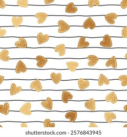 Heart seamless pattern. Repeated gold foil hearts. Love design. Gift paper. Background for prints. Repeating golden hearth. Modern patern. Wedding wrapper. Glitter woman packing. Vector illustration