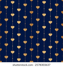 Heart seamless pattern. Repeated gold hearts on blue background. Love design. Gift paper for prints. Repeating golden hearth. Modern patern. Wedding wrapper. Glitter woman packing. Vector illustration