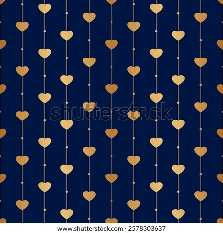 Heart seamless pattern. Repeated gold hearts on blue background. Love design. Gift paper for prints. Repeating golden hearth. Modern patern. Wedding wrapper. Glitter woman packing. Vector illustration